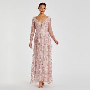 NWT Mac Duggal Floral Applique Long Sleeve Illusion Gown 16 Rose Pink #8202